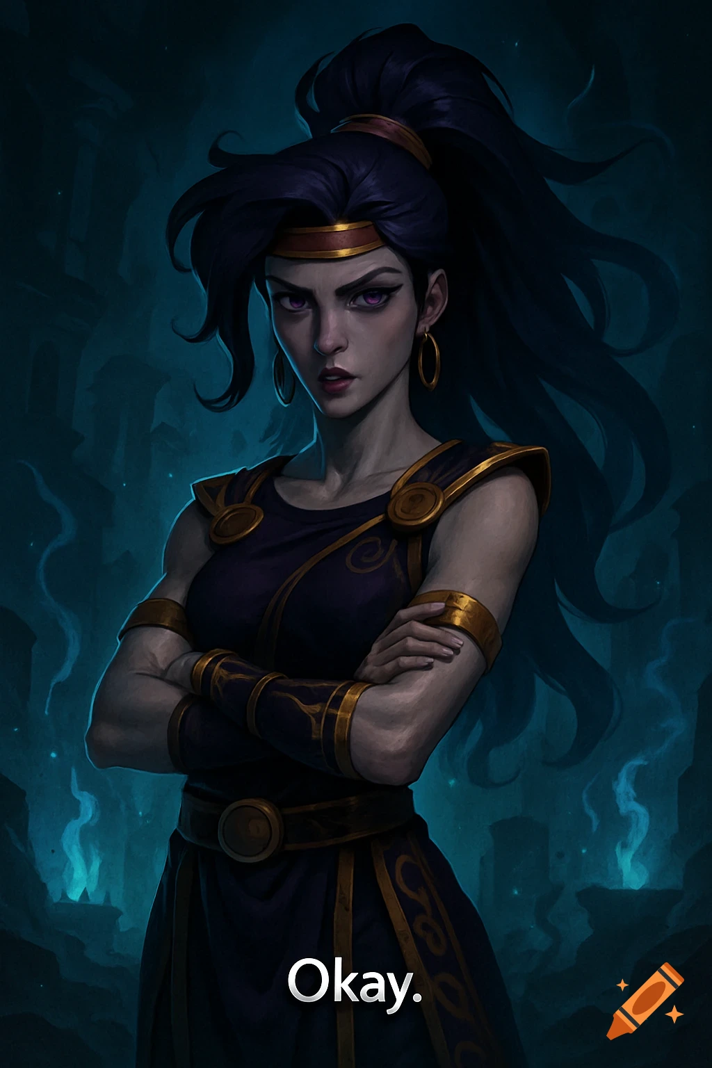 Stylized illustration of Megara from Hades, arms crossed, with an annoyed expression, against a dark, misty background. Text: Okay.