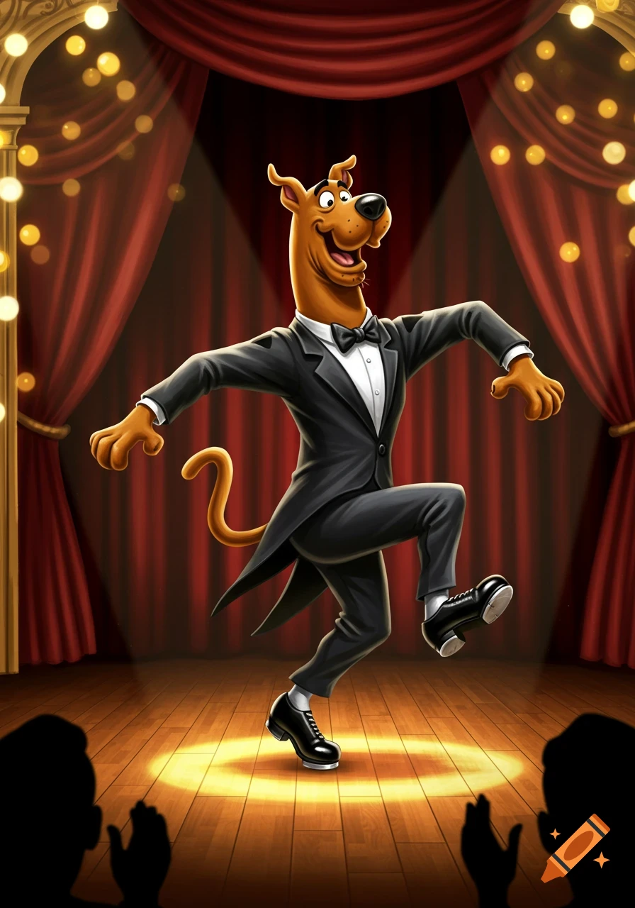 Cartoon Scooby Doo in a tuxedo and tap shoes dances on a spotlighted wooden stage with red curtains and string lights.