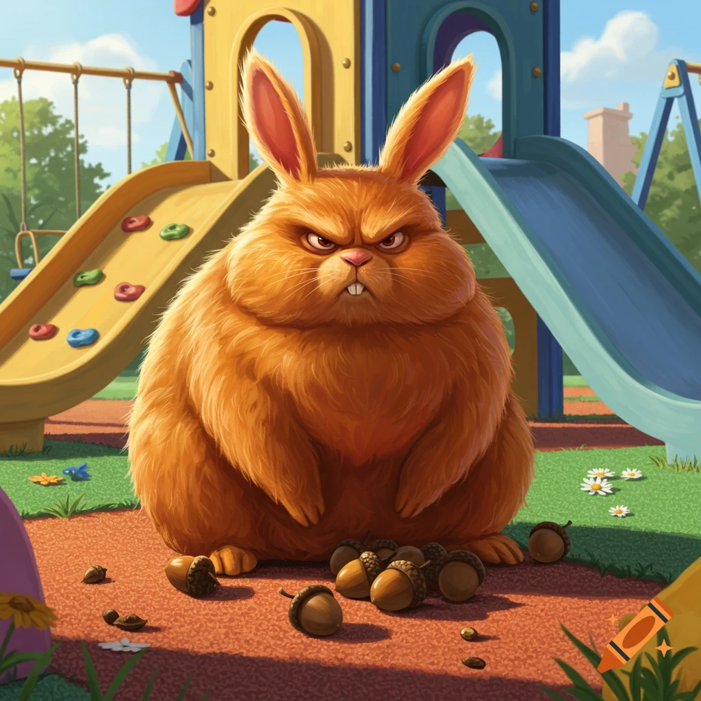 A fluffy, angry orange bunny sits among acorns on red mulch in a brightly colored playground with slides and swings.