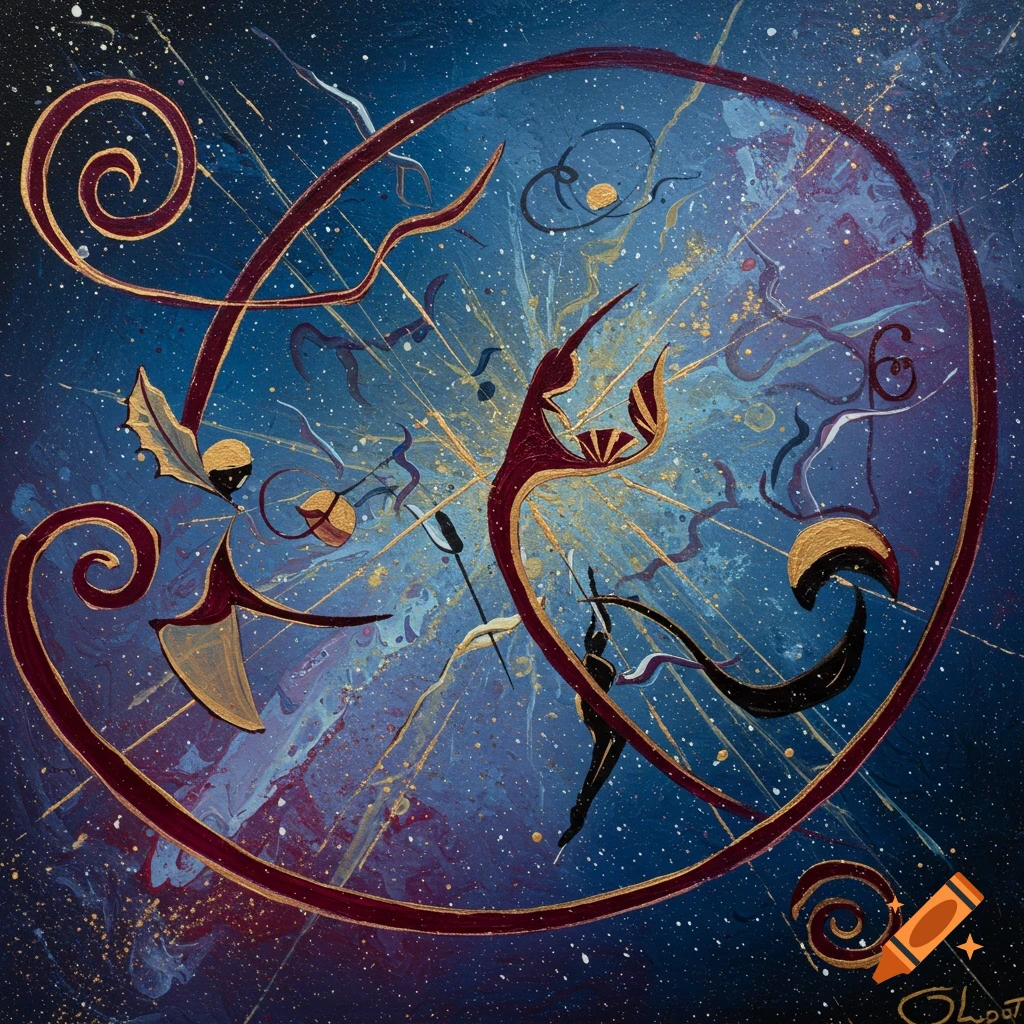 Abstract painting of stylized gold and maroon figures, swirling lines, and gold splatters on a deep blue and purple celestial background.