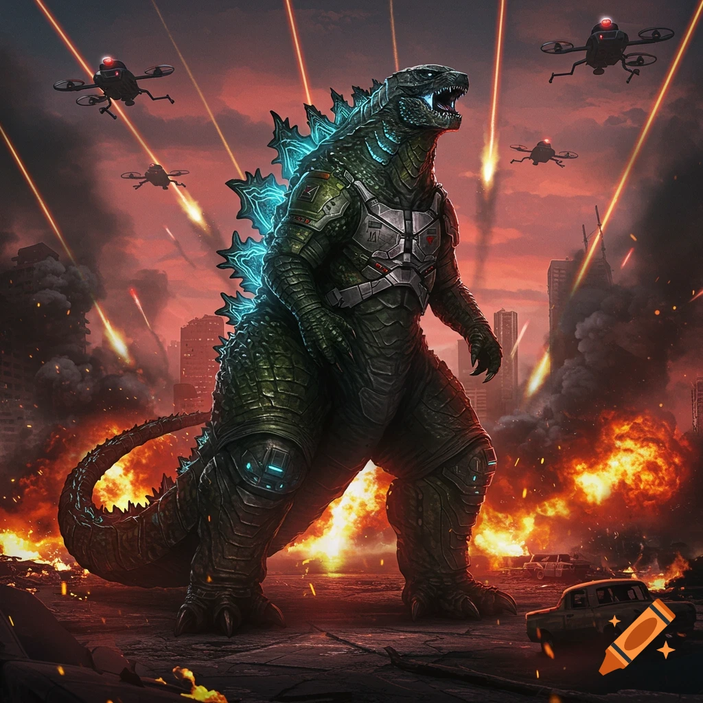 Godzilla in military armor stands roaring in a destroyed city, surrounded by explosions and attack drones, under a fiery sky.