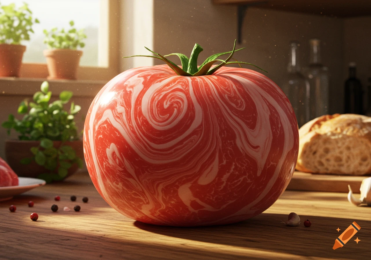 Photorealistic tomato with marbled meat-like texture on a wooden kitchen counter, with bread, garlic, and plants.
