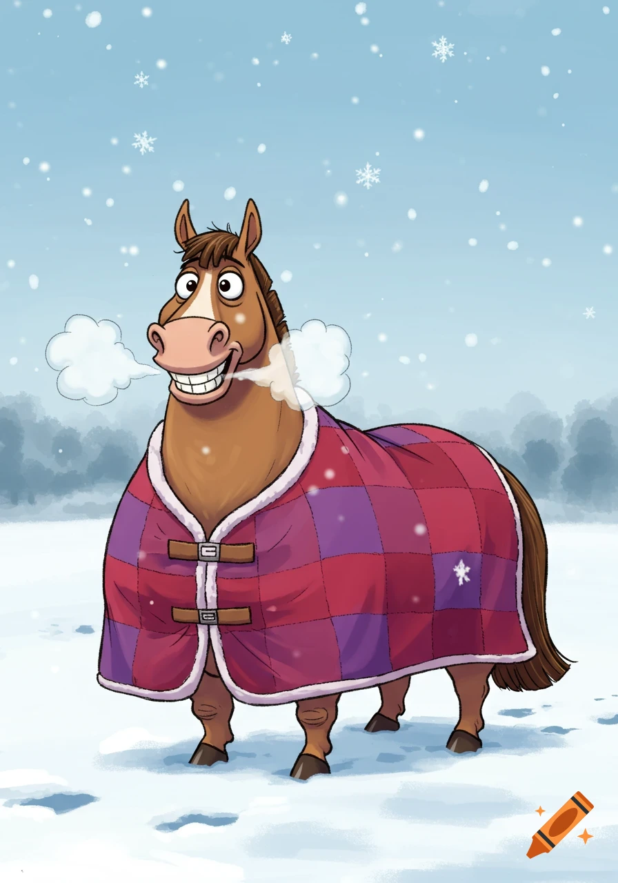 A funny cartoon horse with a big smile and steam coming from its nose, wearing a red and purple plaid rug in a snowy field.