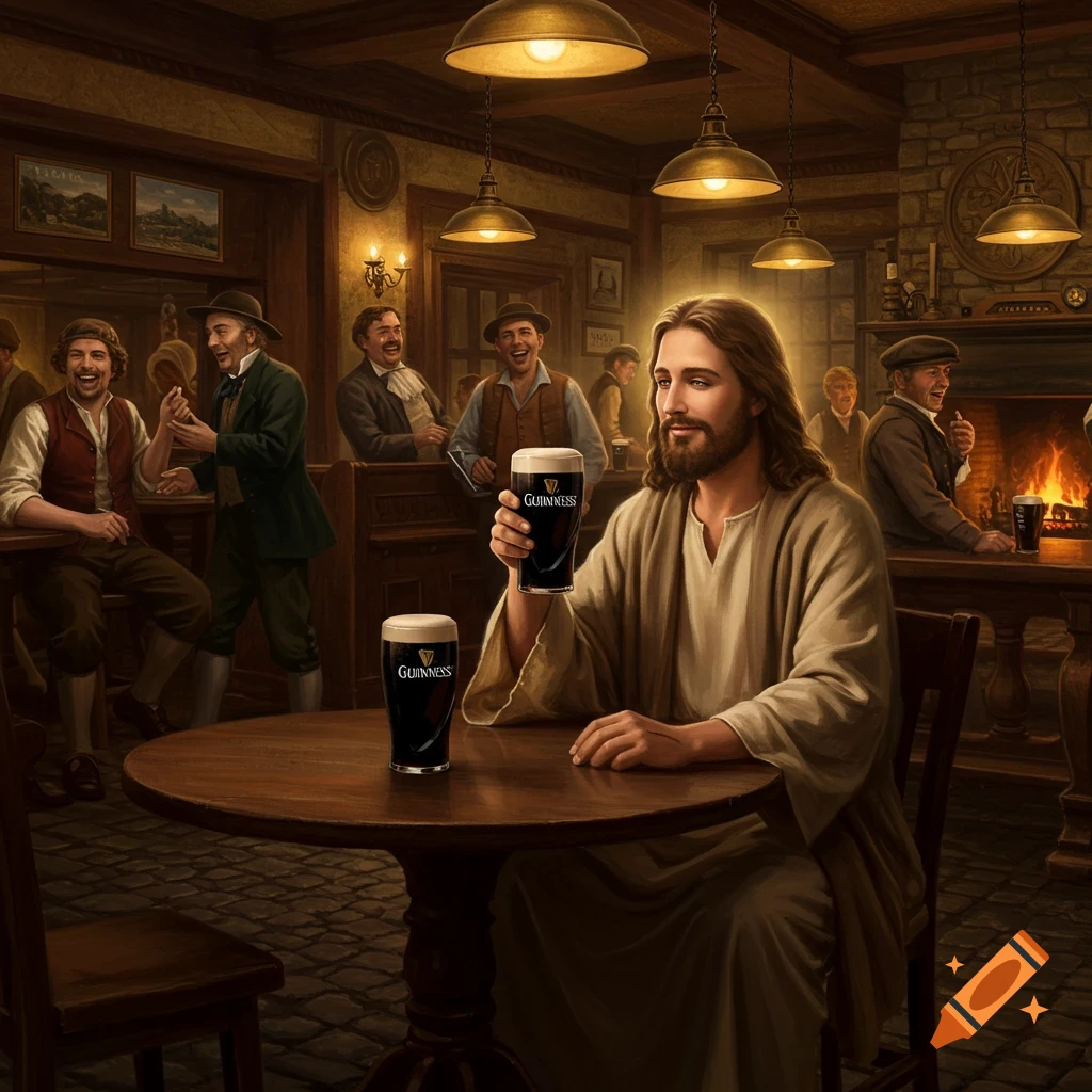 Painting of Jesus sitting in a dimly lit, old-fashioned pub, holding a pint of Guinness with other laughing patrons in the background.