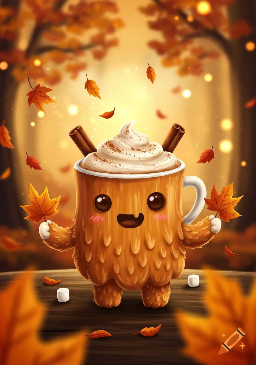 A cute, fuzzy, anthropomorphic pumpkin spice latte mug monster with whipped cream and cinnamon sticks, holding maple leaves in an autumn forest.