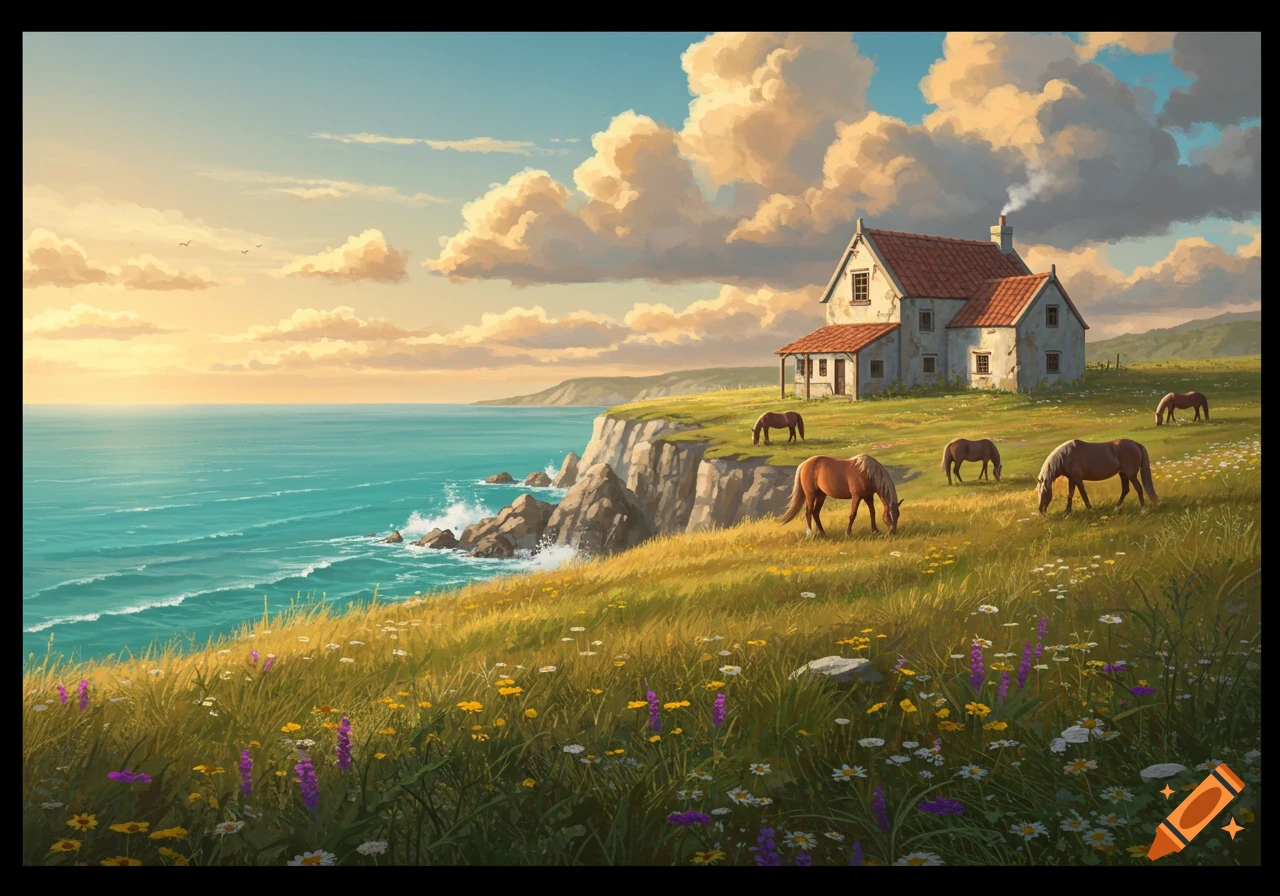 A serene painting of a house on a grassy cliff overlooking a blue ocean, with horses grazing among wildflowers under a cloudy sky.