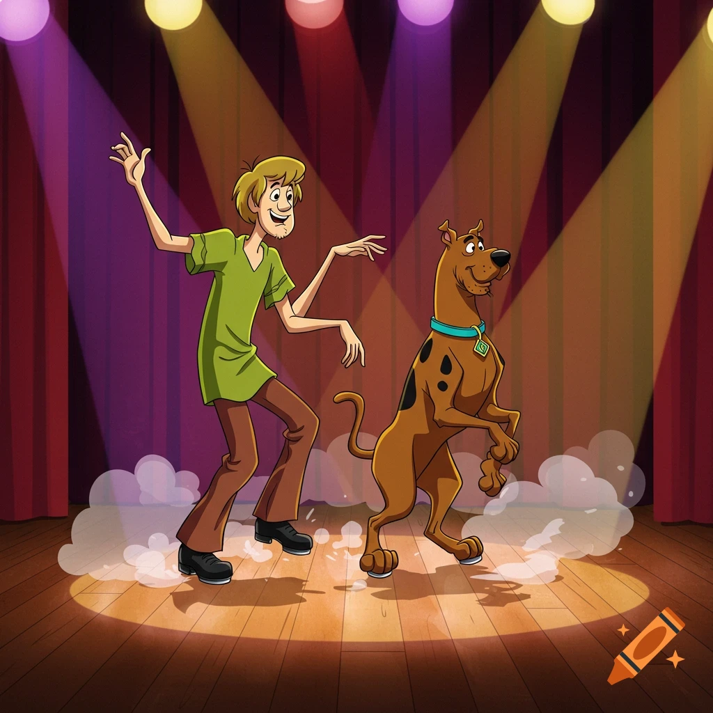 Shaggy and Scooby Doo cartoon characters tap dancing on a spotlighted stage with purple and red curtains.