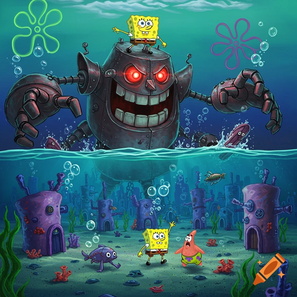 Spongebob riding a giant evil Spongebob robot terrorizing Bikini Bottom, with Patrick and another Spongebob looking on from below.