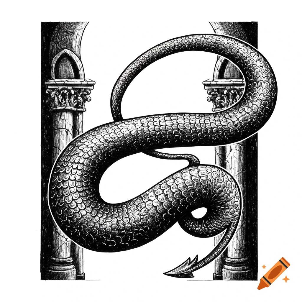 A black and white gothic graphic sketch of a coiled devil's tail with scales, positioned between two ornate pillars.