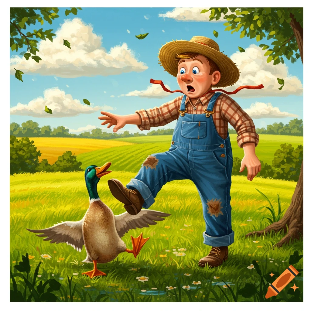 A cartoon farmer in overalls and a straw hat looks surprised as a duck steps on his foot in a sunny green field.