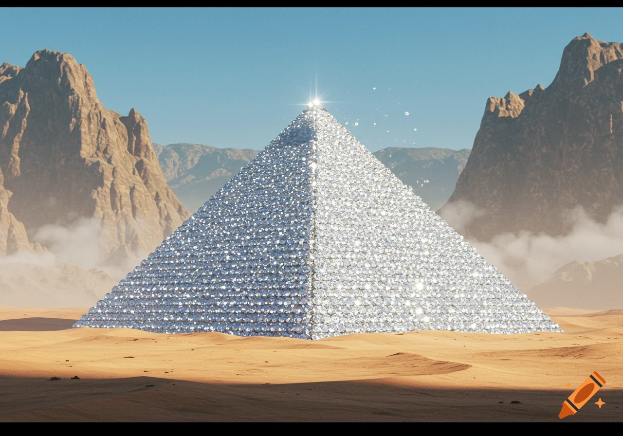 A shimmering diamond pyramid stands in a vast desert landscape with rugged mountains under a clear sky.