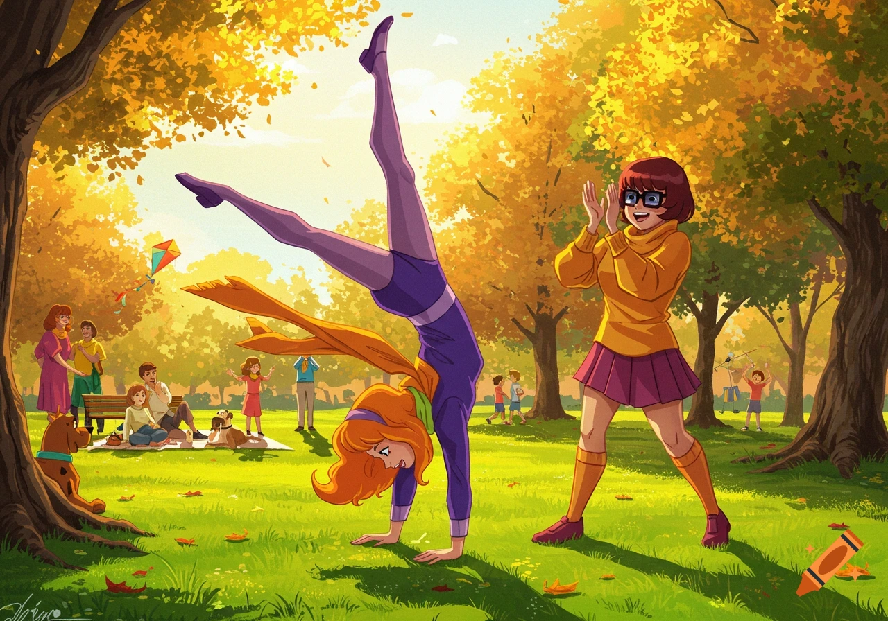 Daphne from Scooby-Doo does a handstand in a sunny autumn park while Velma claps, surrounded by other people and Scooby-Doo.