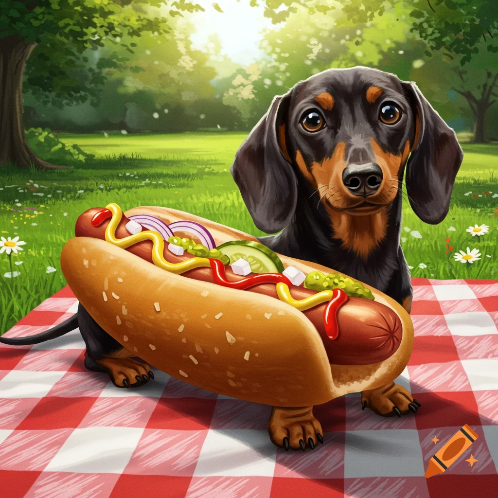 An illustration of a dachshund peering over a giant hot dog with various condiments on a picnic blanket in a sunny park.