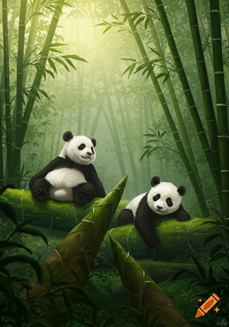 Two pandas, one sitting and one lying, on bamboo logs in a lush, misty bamboo forest with sun rays filtering through.