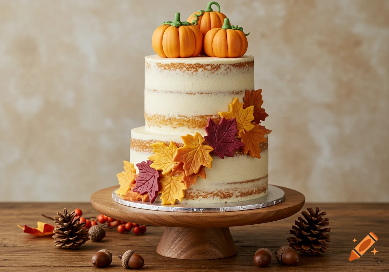 Photorealistic image of a two-tiered rustic vanilla cake with pumpkins and autumnal leaves, on a wooden stand with fall decor.