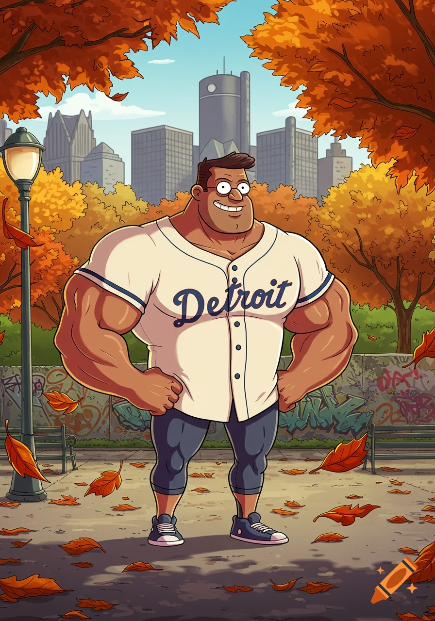 A muscular cartoon man in a Detroit baseball jersey stands smiling in an autumn city park with a city skyline background.