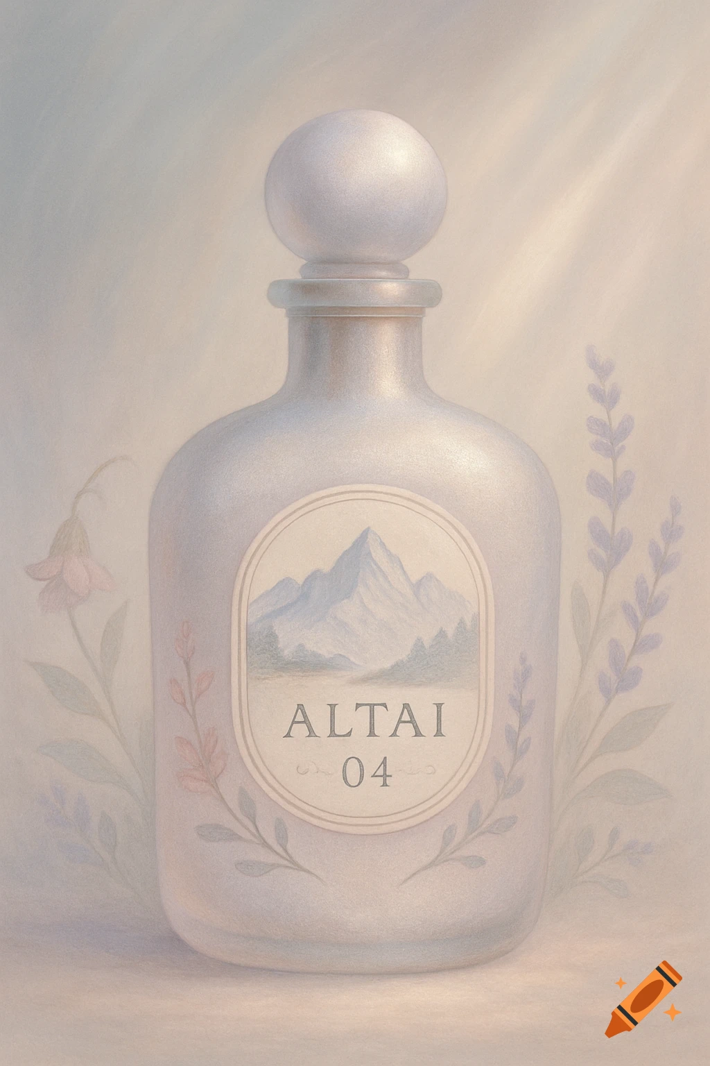 A pastel-toned illustration of a perfume bottle with a label depicting mountains, flanked by delicate pink and lavender flowers.