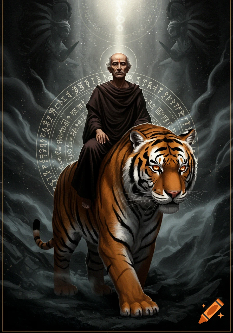An old man with a red bindi rides a majestic tiger, framed by a glowing esoteric symbol and dark clouds, in a mystical art style.