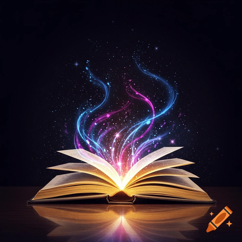 An open book on a reflective surface, emitting glowing magical light and colorful wisps against a dark, starry background.