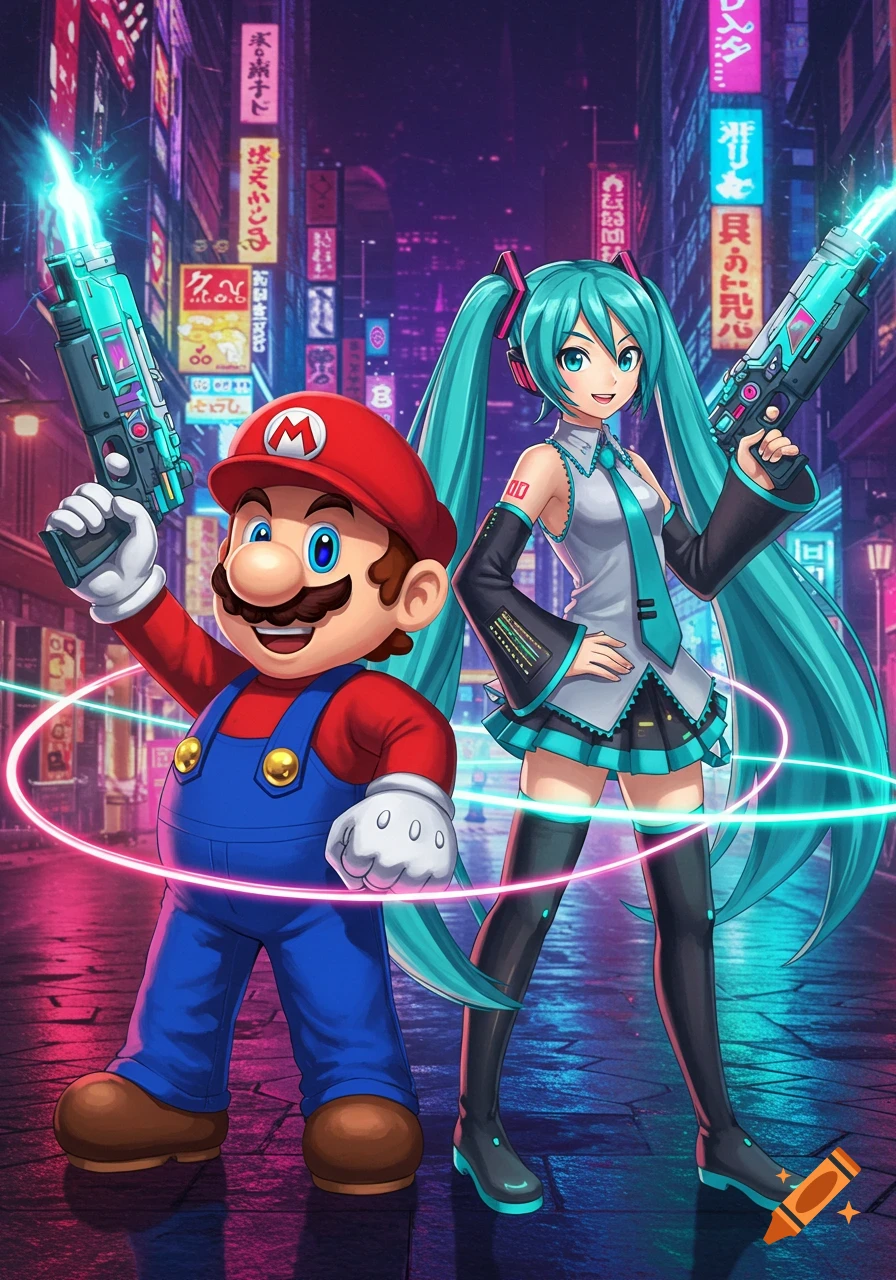 Mario and Hatsune Miku, both holding glowing futuristic guns, stand in a vibrant cyberpunk city at night with neon signs.
