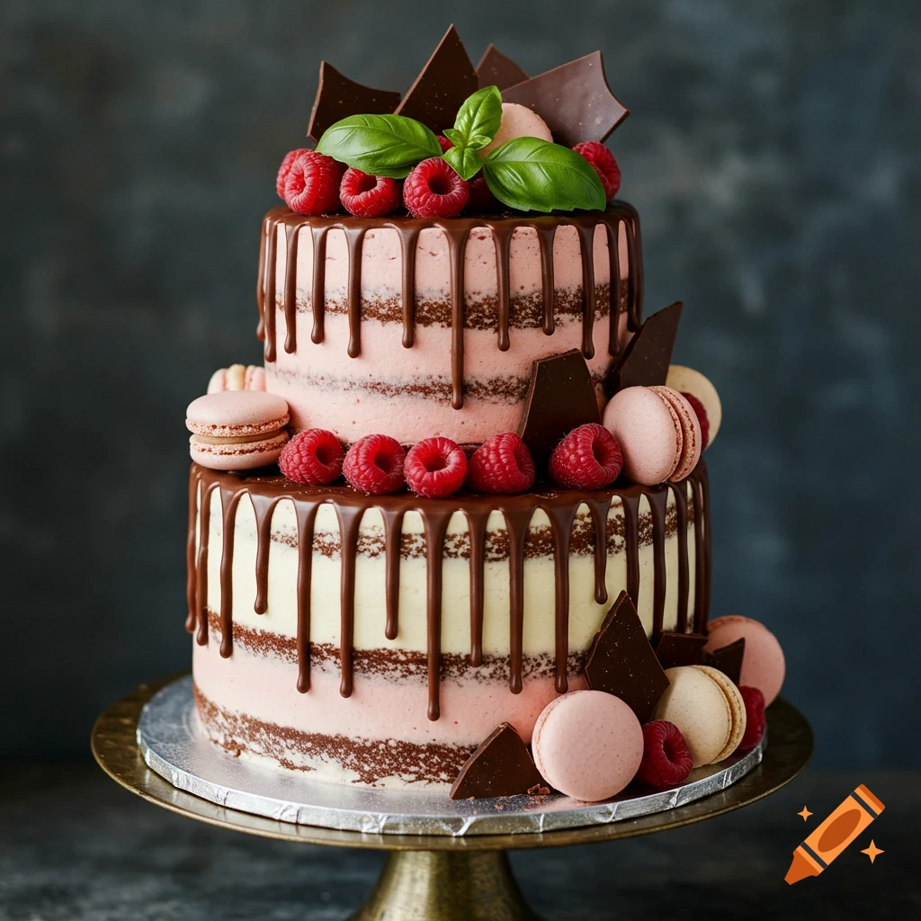 Two-tiered 'half-naked' cake with chocolate drips, raspberries, macarons, chocolate shards, and basil, on a gold stand.