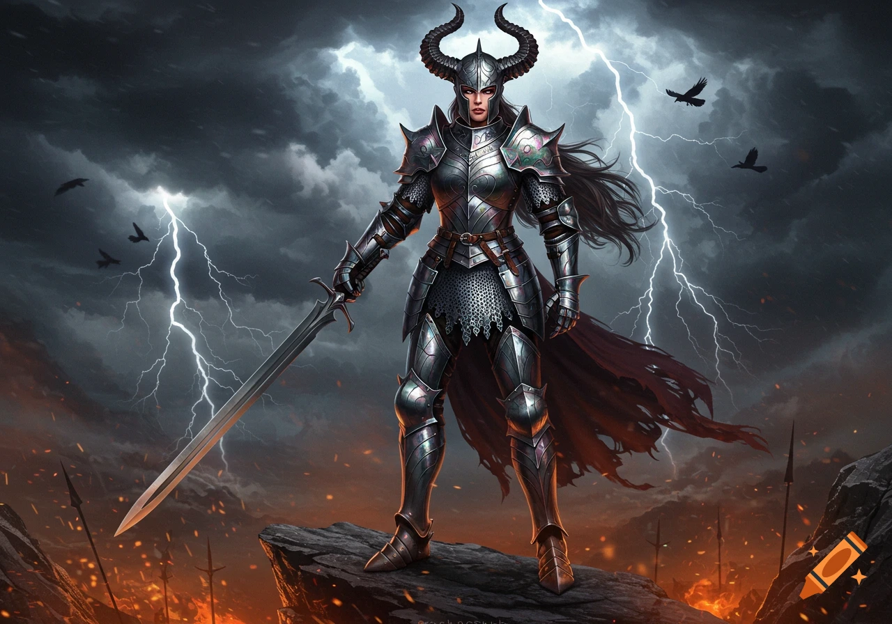 Female warrior in horned plate armor with a sword, standing on a rock amidst a fiery battlefield under a stormy, lightning-filled sky.