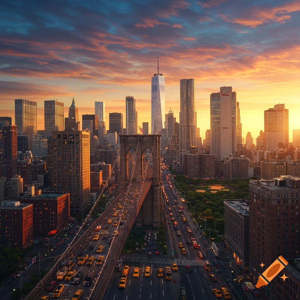 Photorealistic aerial view of New York City at sunset, featuring the Brooklyn Bridge bustling with yellow taxis and illuminated skyscrapers.