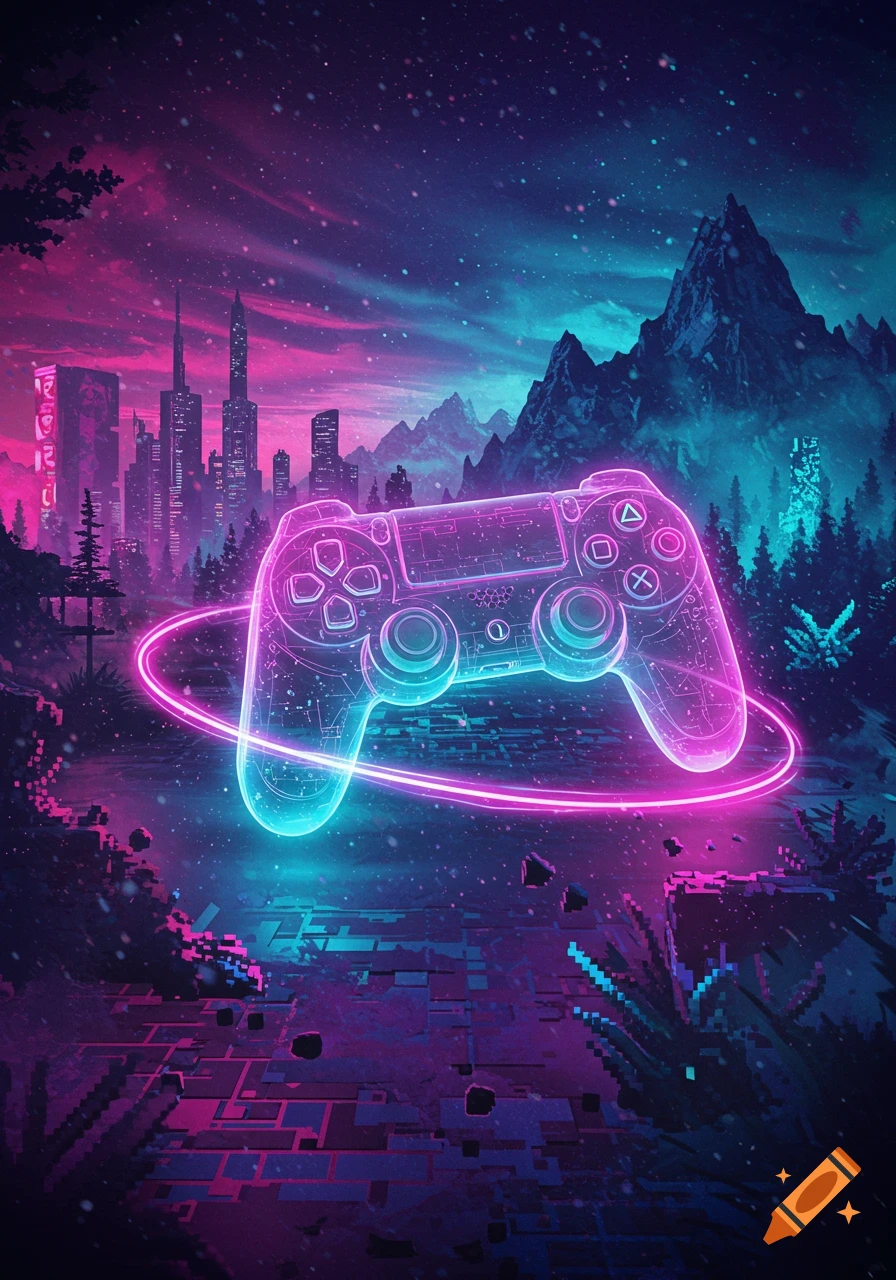 A glowing neon video game controller hovers over a futuristic cityscape and mountains, bathed in pink and blue light, with pixelated ground elements.