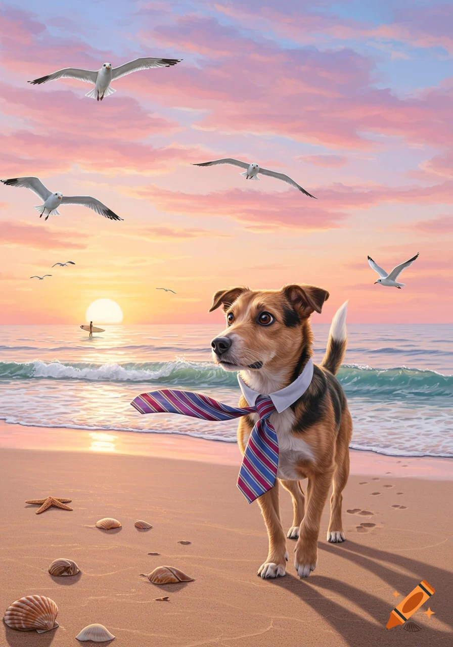 A photorealistic image of a dog in a striped tie standing on a beach at sunset, with seagulls flying and a surfer in the distance.