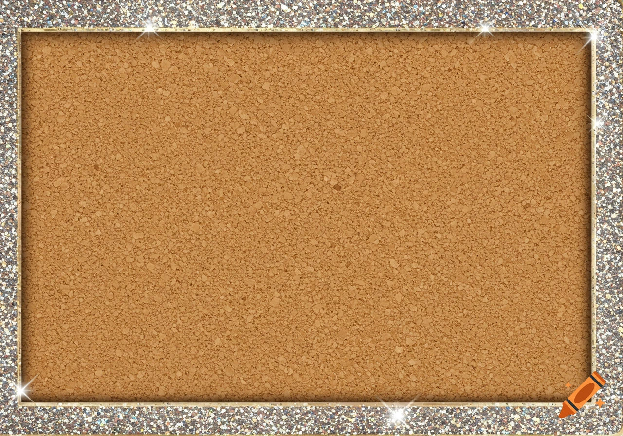 A corkboard with a sparkling silver glitter frame and a golden inner border.