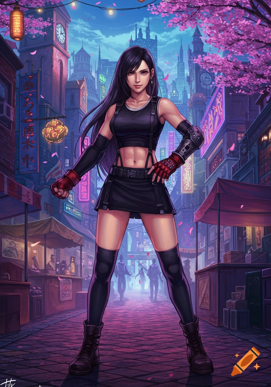 A digital painting of Tifa Lockhart standing in a vibrant, neon-lit Asian-inspired city street with cherry blossoms.