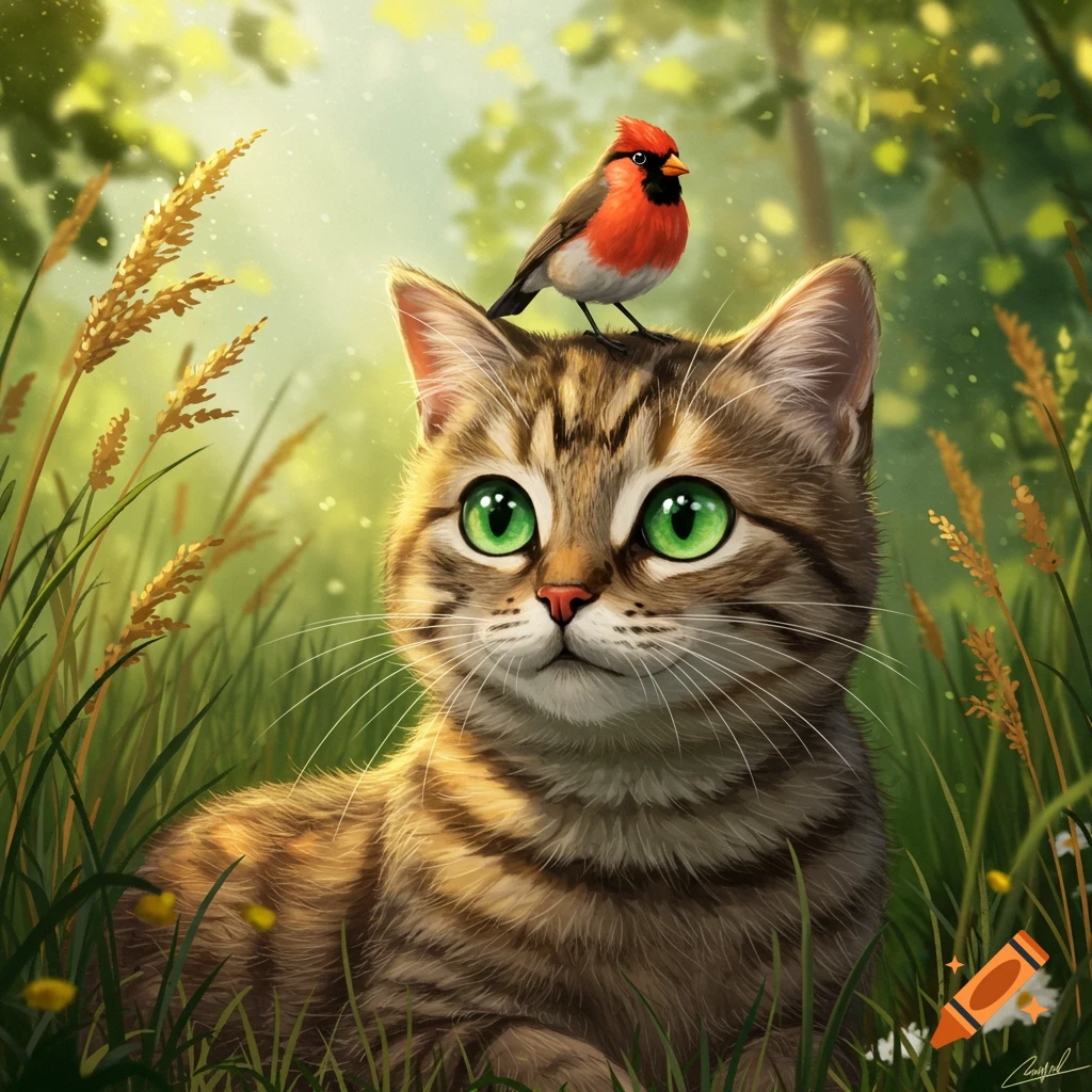 A cute tabby cat with big green eyes sits in tall grass with a red bird perched on its head, in a vibrant illustrated style.