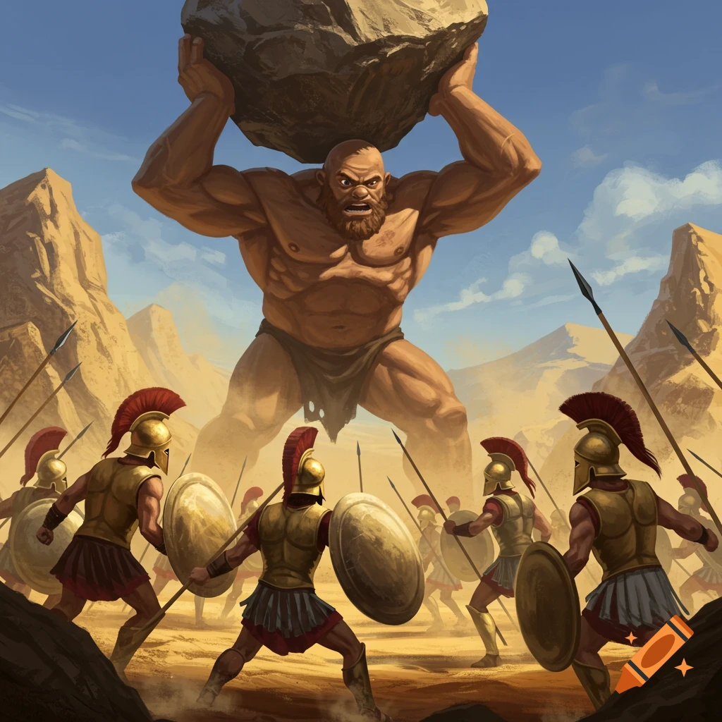 Giant cyclops lifts a boulder to throw at spear-wielding Greek warriors in a rocky desert landscape, illustration.