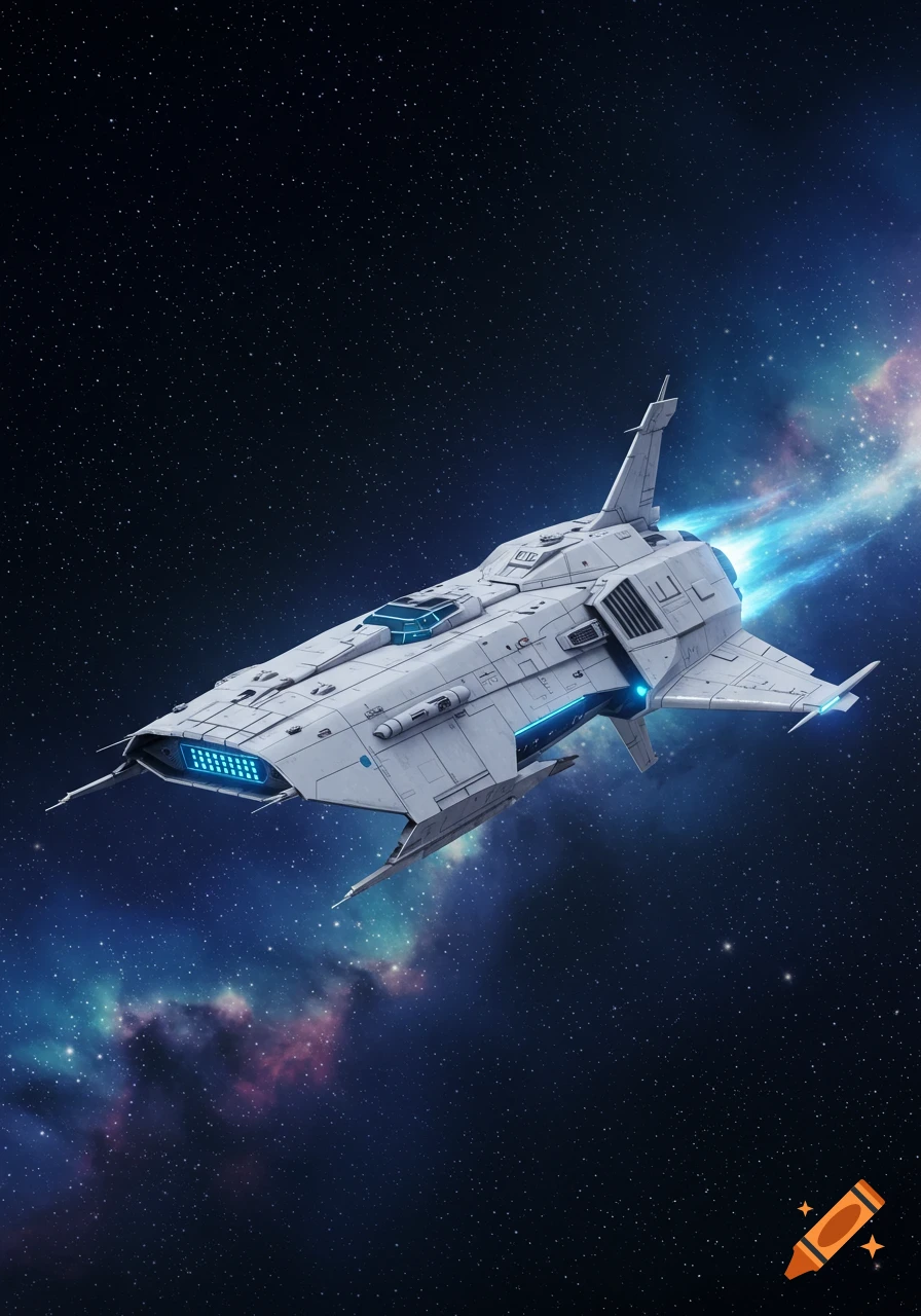 A sleek white futuristic spaceship with glowing blue accents flies through a starry galaxy with colorful nebulae and engine trails.