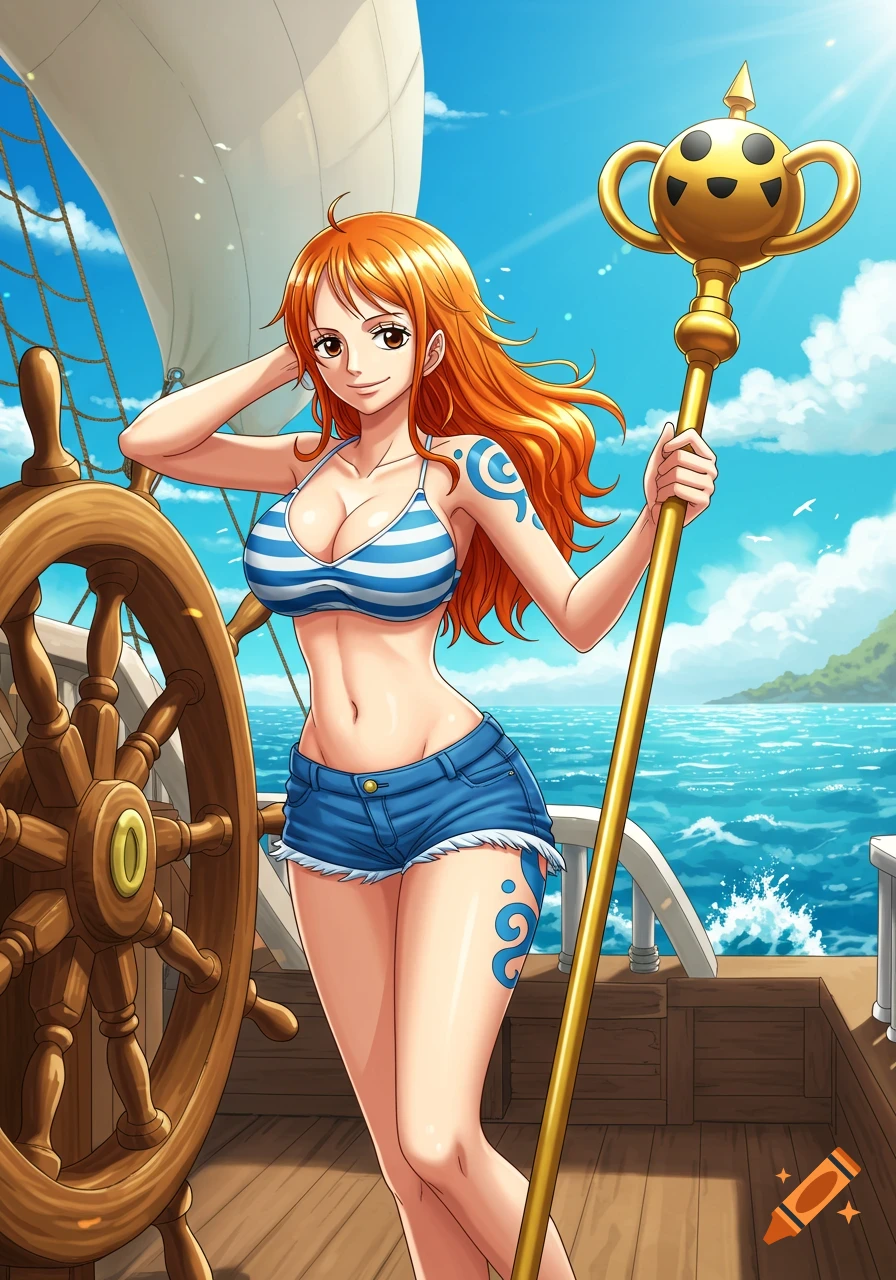 Anime illustration of Nami from One Piece on a ship, smiling in a striped bikini top and denim shorts, holding a staff.