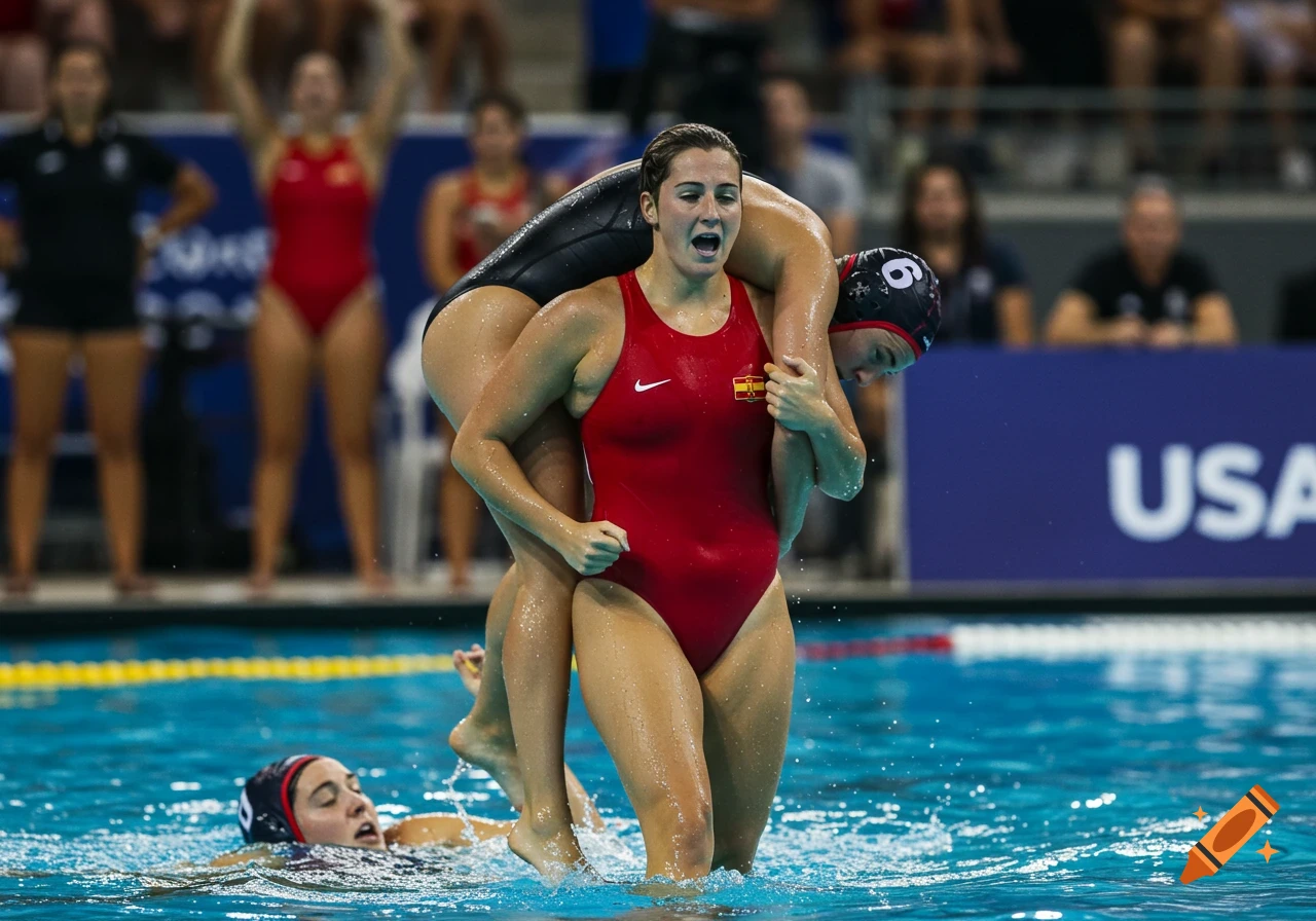 A water polo player in a red swimsuit carries another player in a black swimsuit over her shoulders in a pool, during a match.