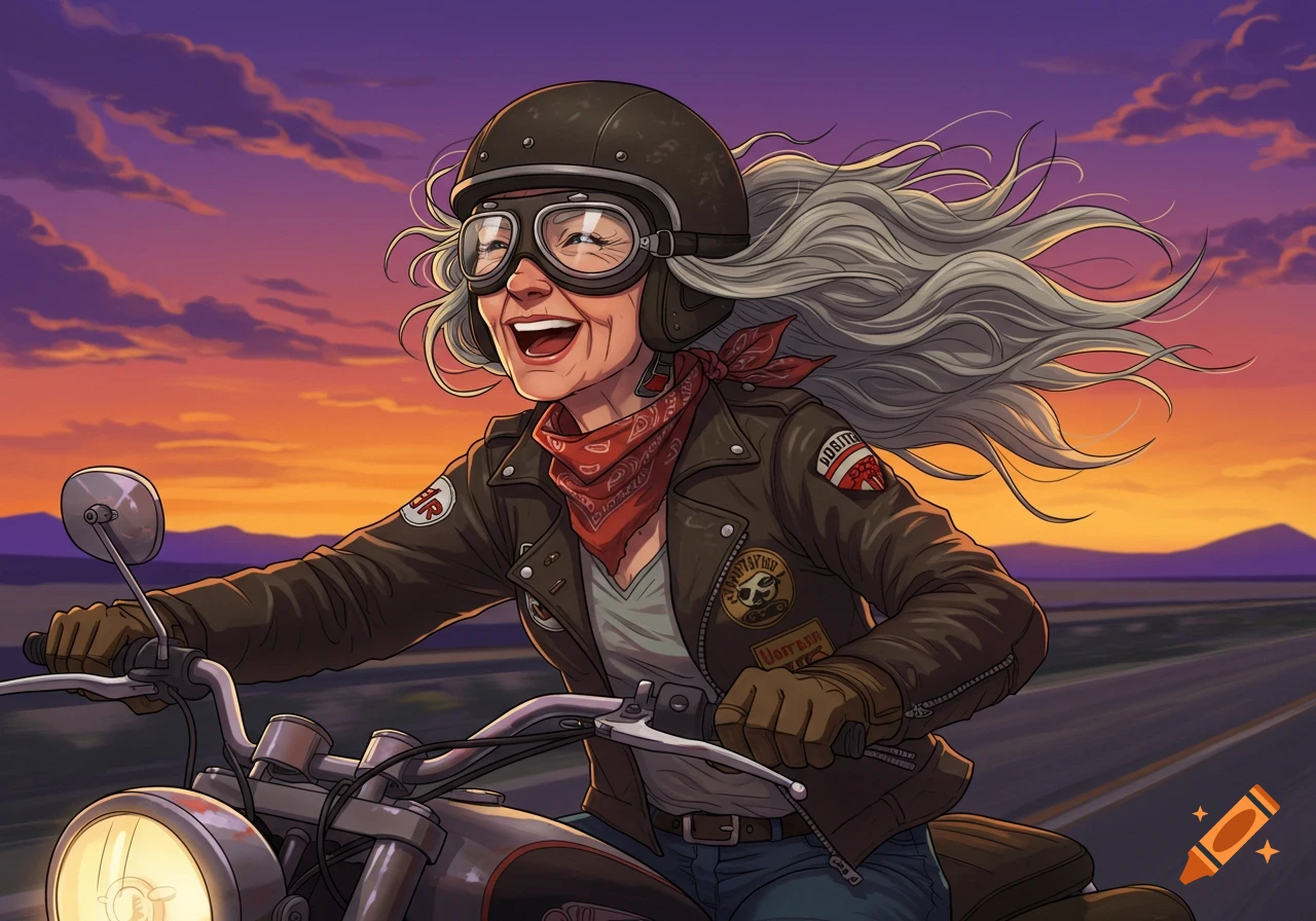 An old woman with long grey hair, wearing a helmet, goggles, and leather jacket, laughs while riding a motorcycle at sunset.