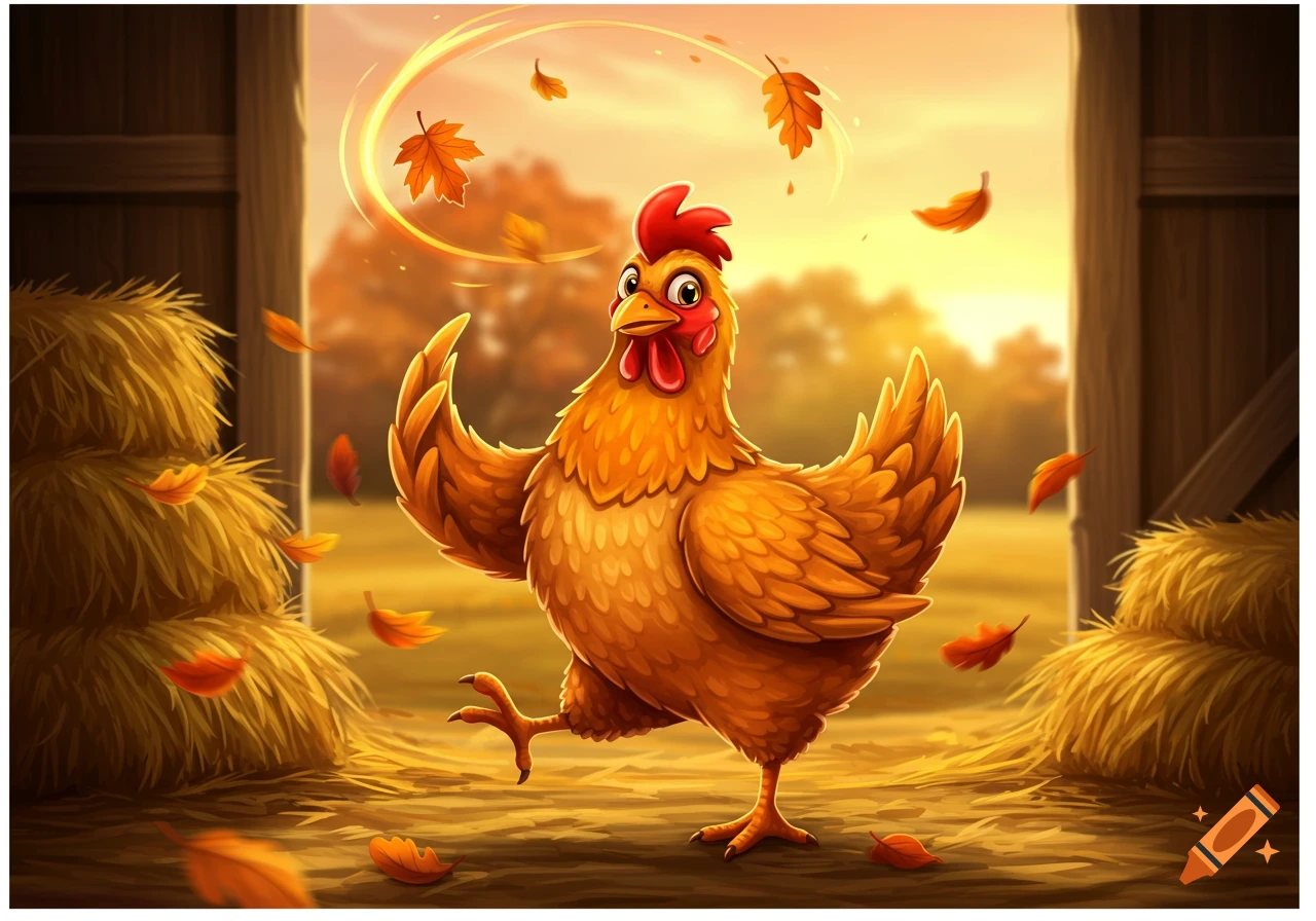 A happy cartoon chicken dances among falling autumn leaves and hay bales inside a barn with a sunset backdrop.