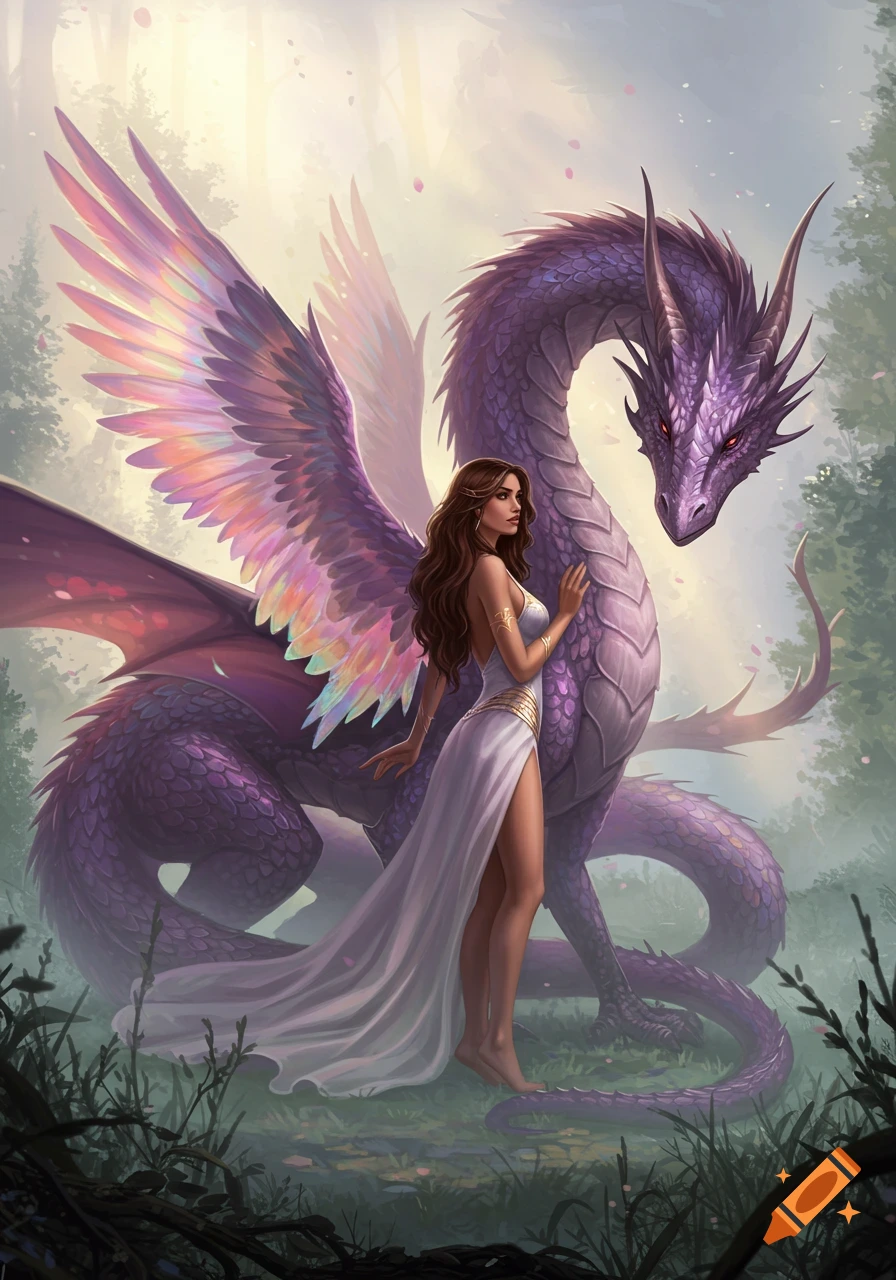 Brunette woman in a white dress with iridescent wings stands with a large purple dragon in an enchanted forest.