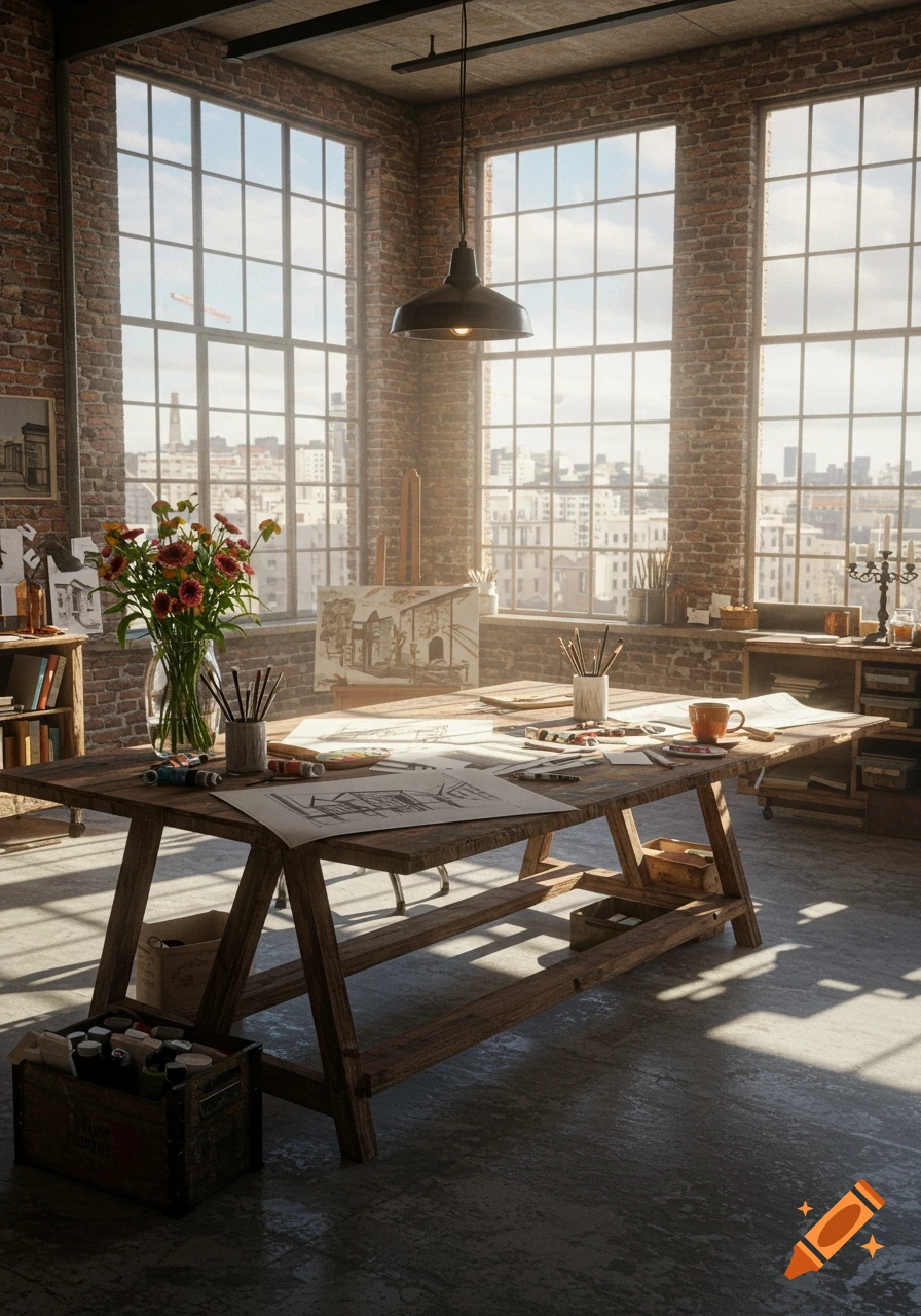 Photorealistic image of a sunlit artist's studio in an industrial loft with a wooden table, art supplies, and a city view.
