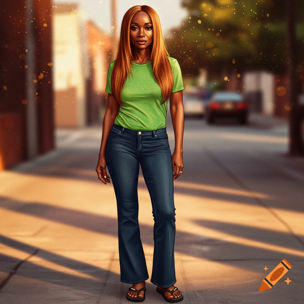 A Black woman with long auburn hair in a green t-shirt and blue flare pants stands on a sunlit street.