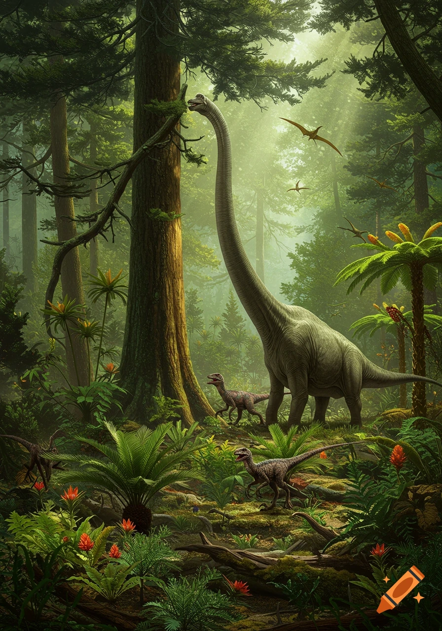 A photorealistic scene of a large long-necked dinosaur eating from a tree in a lush prehistoric forest, with smaller dinosaurs and flying pterosaurs.