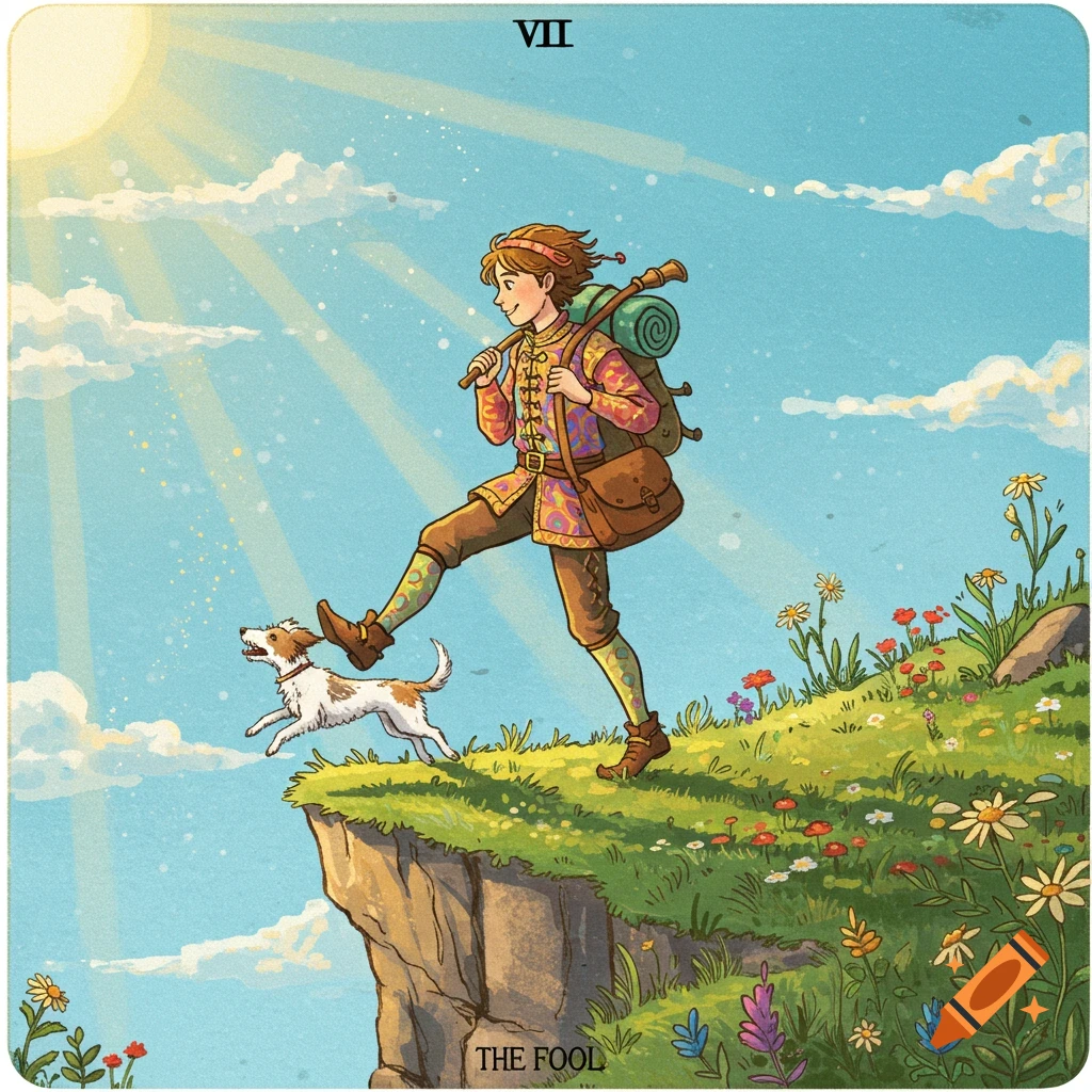A whimsical illustration of a young traveler with a satchel and a dog standing at a cliff edge under a bright sun, resembling a tarot card.