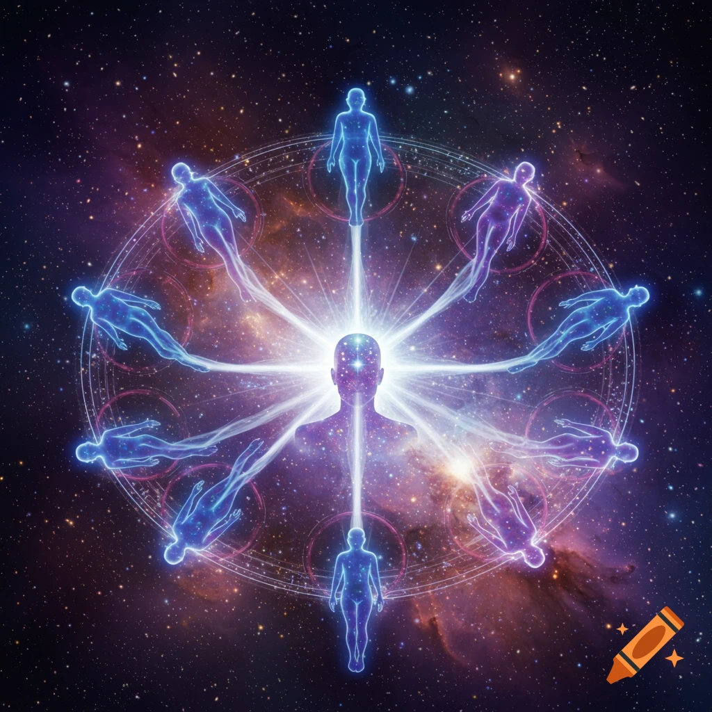 A cosmic image of a central glowing human figure connected by light beams to a circle of nine other glowing humanoid figures in a starry galaxy.