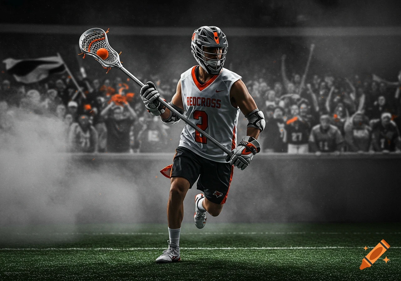 A male lacrosse player in a white and orange uniform with number 2 and "REDCROSS" written across his chest runs on a field with a stick and ball, a stadium crowd blurred in the background.