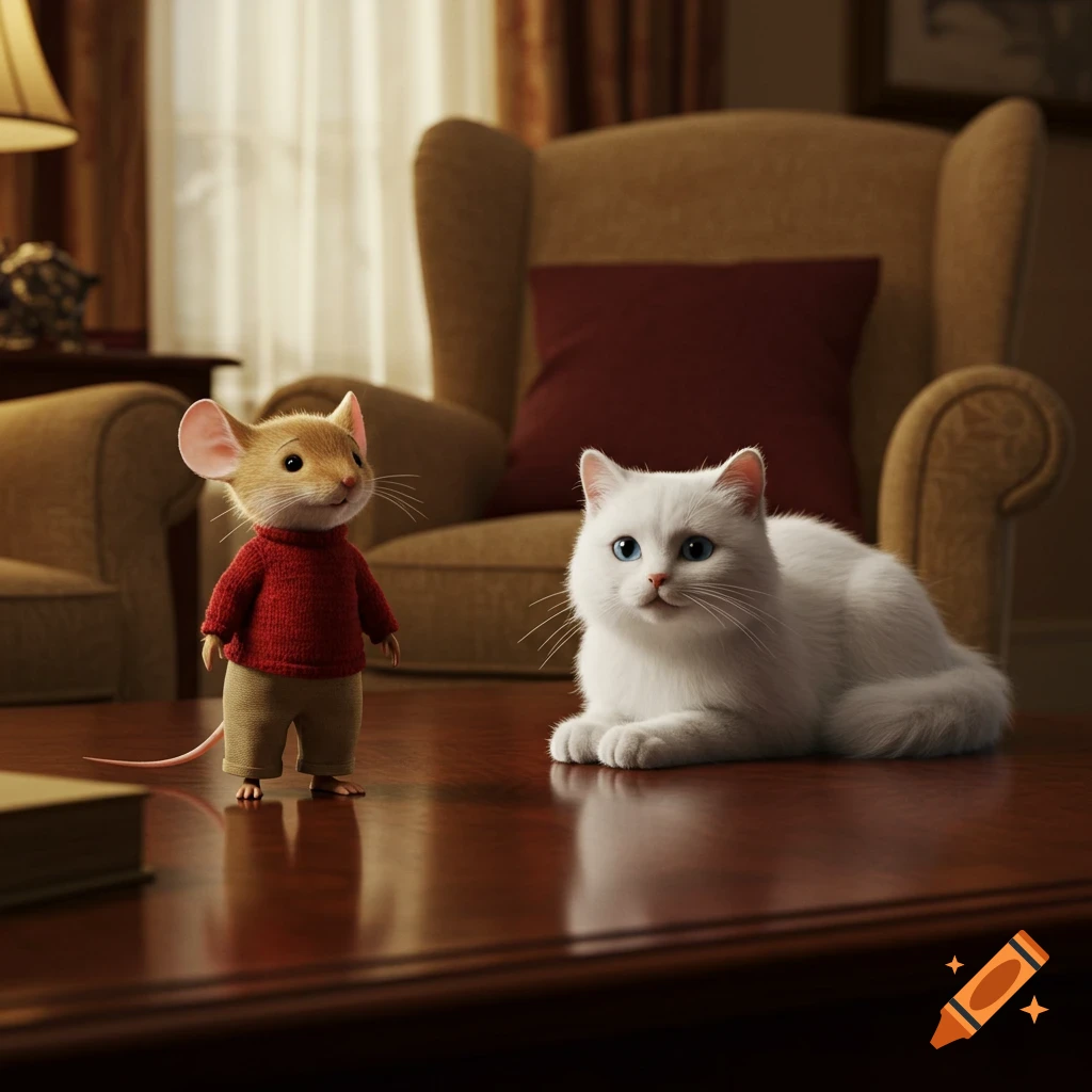 A cute mouse in a red sweater stands next to a white cat with blue eyes on a polished table in a cozy living room.