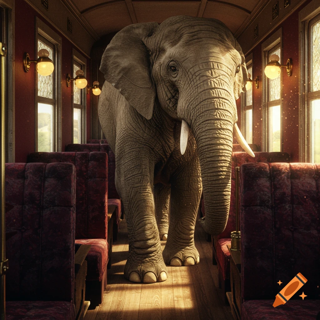 A large elephant stands in the aisle of a vintage train carriage with red velvet seats and warm lighting.