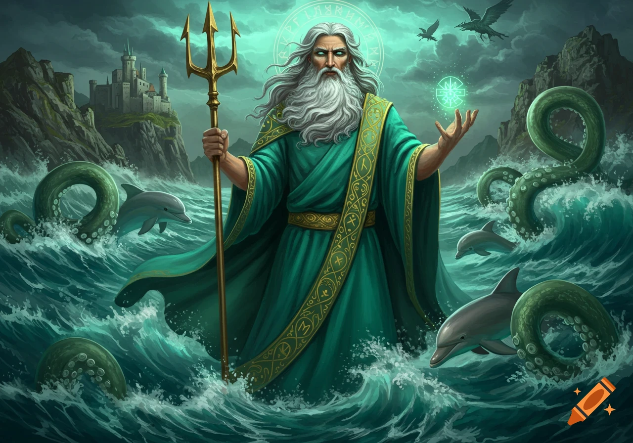 A powerful, grey-bearded Poseidon in teal robes rises from stormy green waves, holding a trident. Dolphins, kraken tentacles, and a castle on a distant cliff surround him.