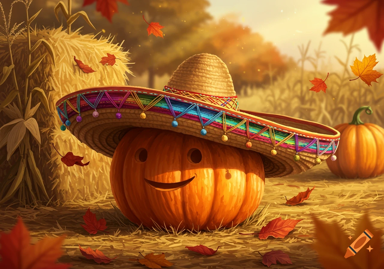 A smiling pumpkin wearing a colorful sombrero sits in a warm autumn field with hay bales and falling leaves.