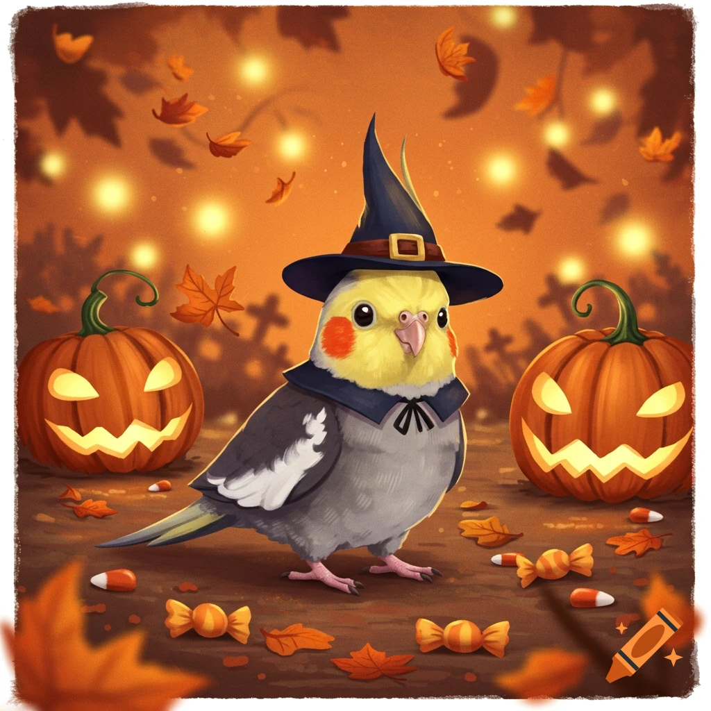 A cute cartoon cockatiel in a witch hat stands between glowing jack-o'-lanterns with autumn leaves and candy on the ground.